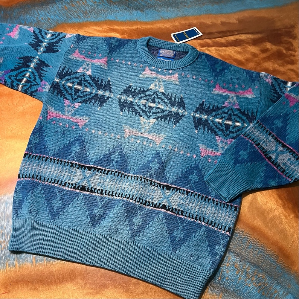 VINTAGE PENDLETON WOOL HIGH GRADE WESTERN WEAR SWEATER SZ L Aztec NEW blue faded